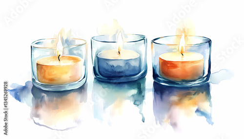 Illuminating Trio: Artistic watercolor illustration features three glowing candles in clear glass holders, casting a warm and inviting light with soft, reflective ambiance. 