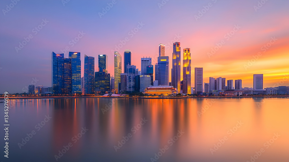 Fototapeta premium Panoramic City Skyline Reflected in Water During a Vibrant Sunset with Orange and Blue Hues