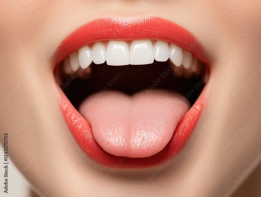 Naklejka premium Close-Up of a Smiling Mouth with Red Lips and Tongue Out – Beauty and Health Concept