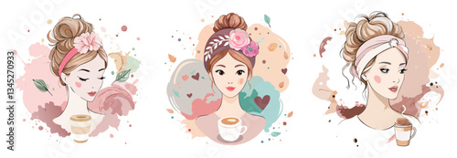 Three watercolor-style illustrations of women with coffee cups, floral accents, and soft pastel colors.