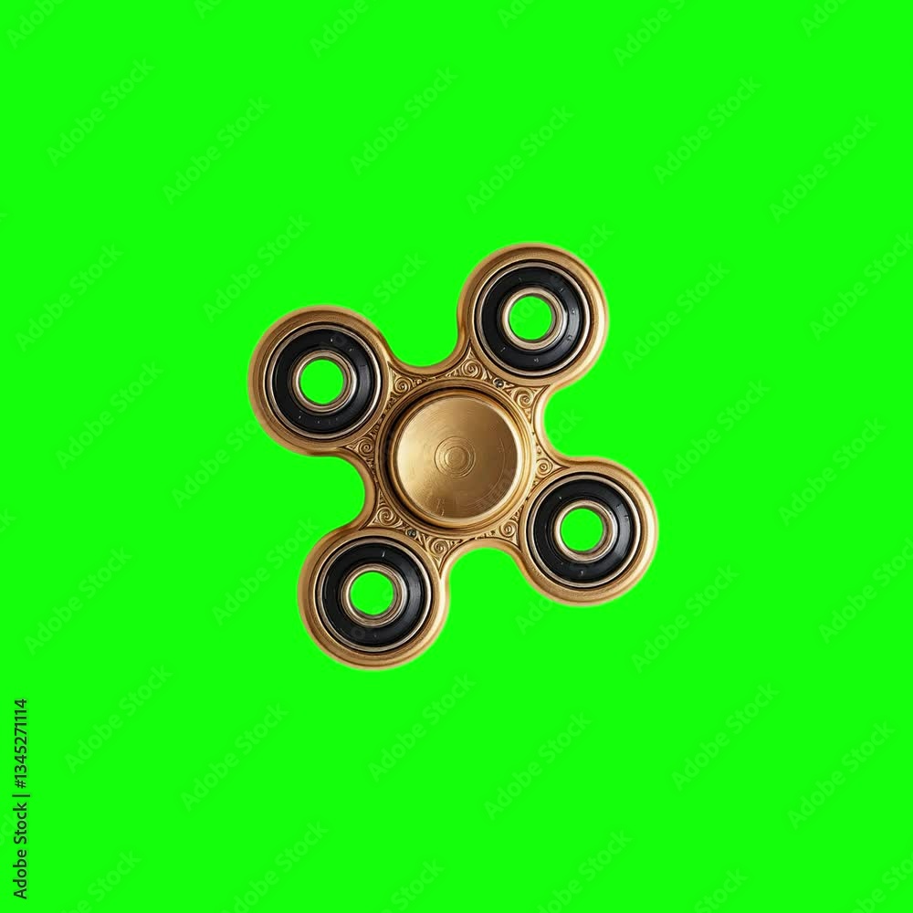 Gold quad fidget spinner rotating on green screen | 4K seamless loop for VFX, motion graphics, chroma key video editing
