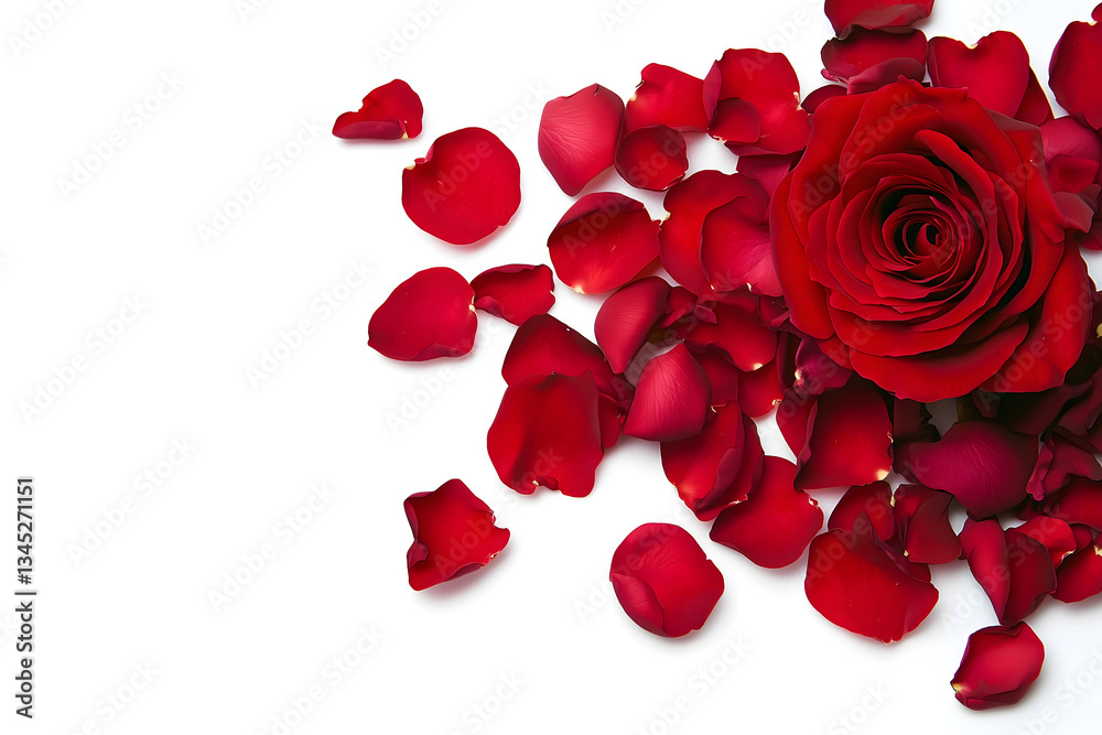Close-up of a red rose surrounded by scattered petals on a white background. Close-up of a red rose surrounded by scattered petals on a white background.