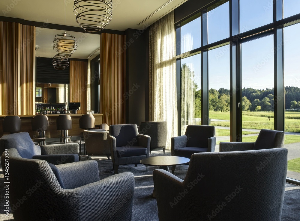 Fototapeta premium Modern lounge area with bar, glass walls, and golf course view