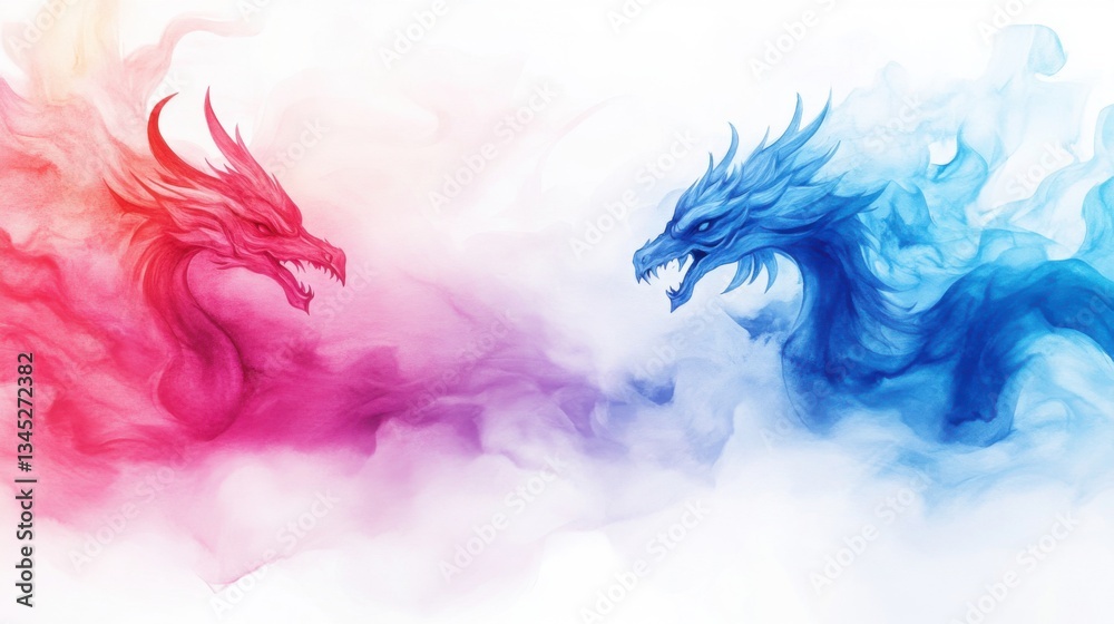Obraz premium Dynamic Clash of Colorful Dragons in Ethereal Smoke Swirls