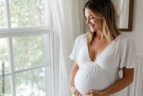 Free Download A glowing pregnant woman stands gracefully by a window, cherishing her baby bump and radiating happiness, showcasing the beauty of motherhood and anticipation. - GFXLoad