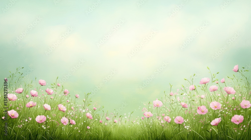 Fototapeta premium Breathtaking landscape, a field of pink flowers under vast sky
