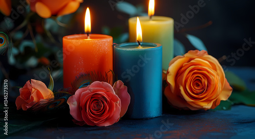 Candlelight Embrace: Illuminated by a soft, inviting glow, colorful candles and delicate roses create a serene atmosphere, perfect for evoking peace and reflection.