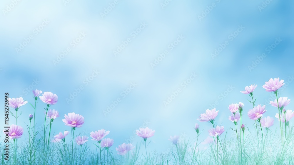 Breathtaking landscape, a field of pink flowers under majestic blue sky Breathtaking landscape, a field of pink flowers under majestic blue sky
