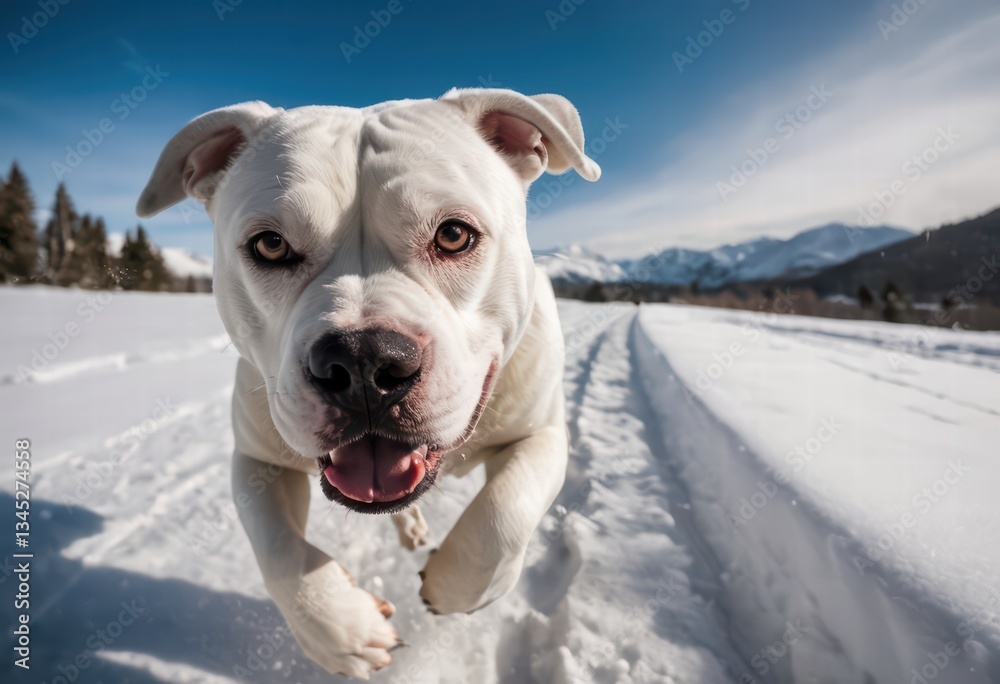 Obraz premium american bulldog running in the snow, on a beautiful winter day, happy dog playing on a snowy meadown in the mountains, with fog and misty weather, doggy in the nature