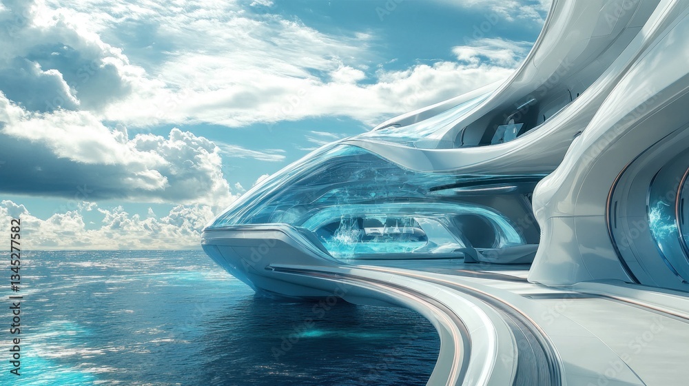 Obraz premium Futuristic aquatic structure soaring above the glistening ocean vista