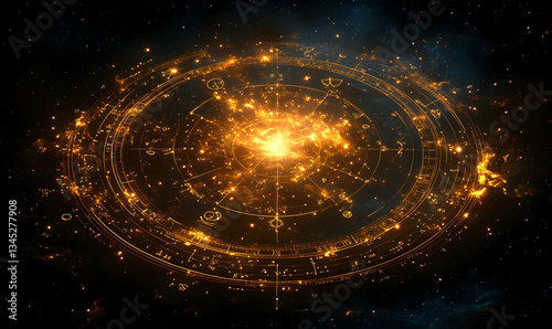 Golden cosmic wheel, swirling symbols