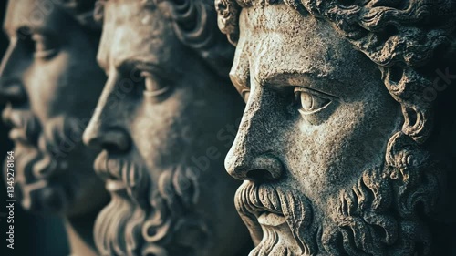 ancient stone statues of Greek gods, intricate details, powerful and majestic, capturing the essence of mythology and divine power