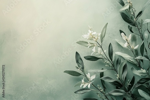 Green leaves and white blossoms cascade across a mottled background surface photo