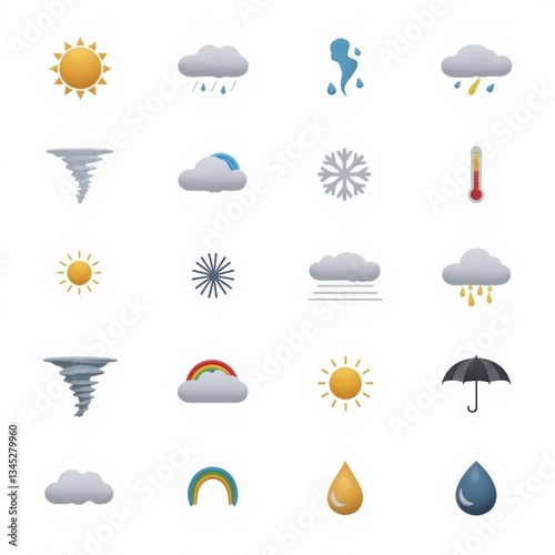 Weather Icons Set: Sunny, Cloudy, Rainy, Storm, Tornado, Rainbow, Snowflake, Thermometer - Meteorology Vector Symbols
