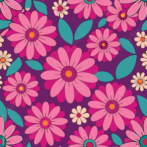 Vibrant Floral Pattern with Simplified Flowers in Bright Colors