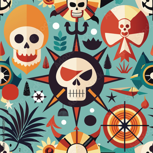 Pirate Bundle Outline Sketch: Ship and Skull with Banner