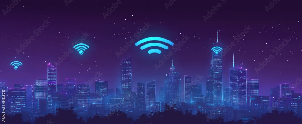 Fototapeta premium Illuminated city skyline displaying wireless internet signal symbols in the night