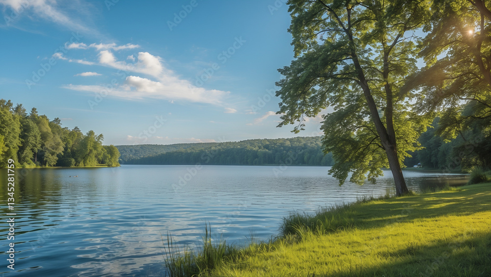 Serene Lake with Lush Greenery at Sunset Serene Lake with Lush Greenery at Sunset