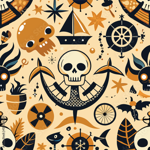 Pirate Ship and Skull Sketch with Bird