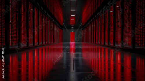 Futuristic Data Center with Red Digital Code photo