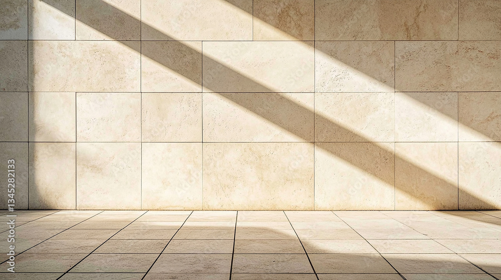 Fototapeta premium Sunlight Casting Geometric Shadows on Beige Stone Wall