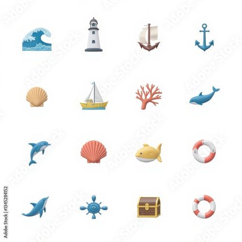 Nautical Icon Set: Sea Elements and Marine Life. Vector Illustration, Isolated on White Background.