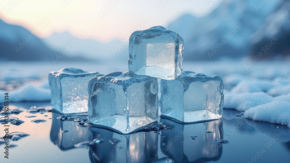 Stack of melting ice cubes on a reflective frozen surface with mountains and clouds Stack of melting ice cubes on a reflective frozen surface with mountains and clouds