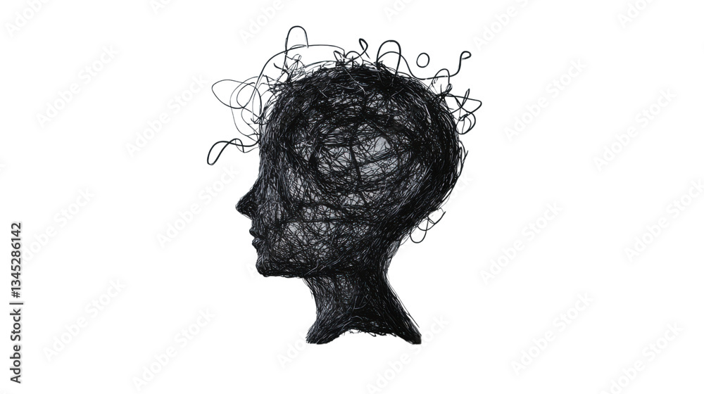 Tangled thoughts: abstract head representing complex thinking on transparent background