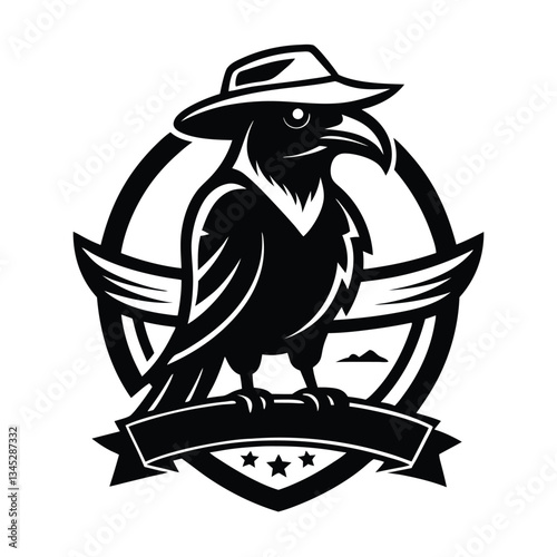 Monochrome Vintage Image of a Raven Perched on a Cowboy Hat