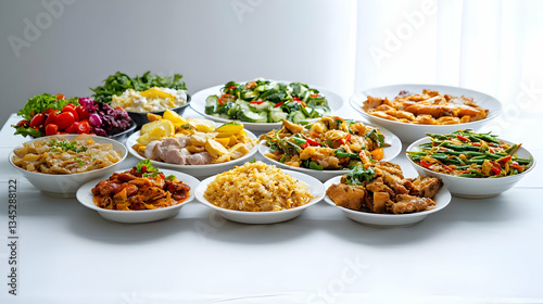 Assorted Dishes Displayed On A White Table Showcasing A Variety Of Culinary Creations With Fresh Vegetables And Appetizing Presentation