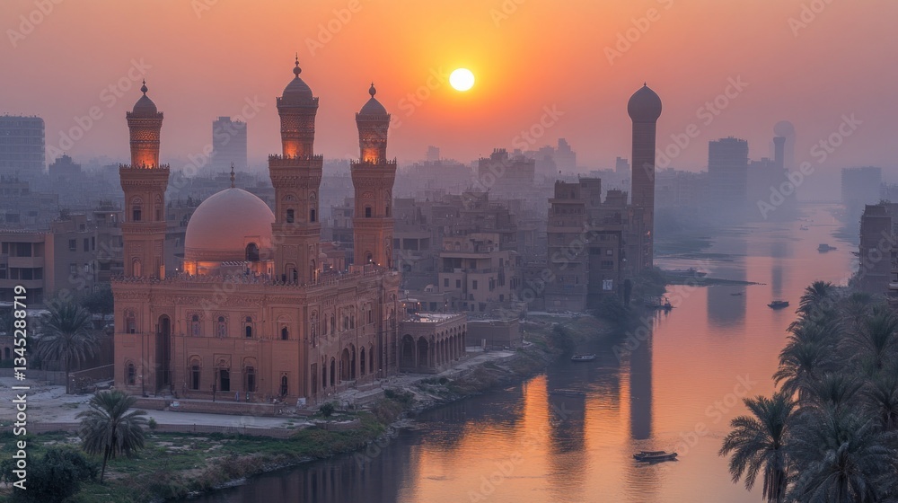 Naklejka premium Sunrise over a mosque and river in a city