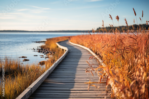 vibrant boardwalk at coastal marsh embodies a harmonious connection between nature enthusiasts and captivating ecosystem, where tranquility, effortless exploration, and a profound appreciation for flo