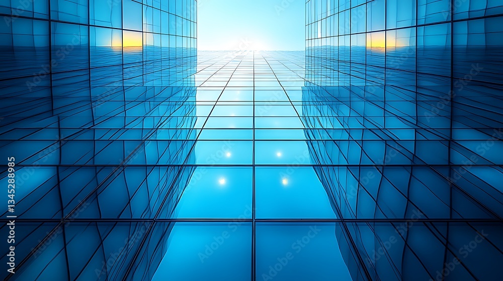 Obraz premium Modern architecture reflecting the sky, featuring geometric glass patterns creating a blue, serene, upward-facing perspective.