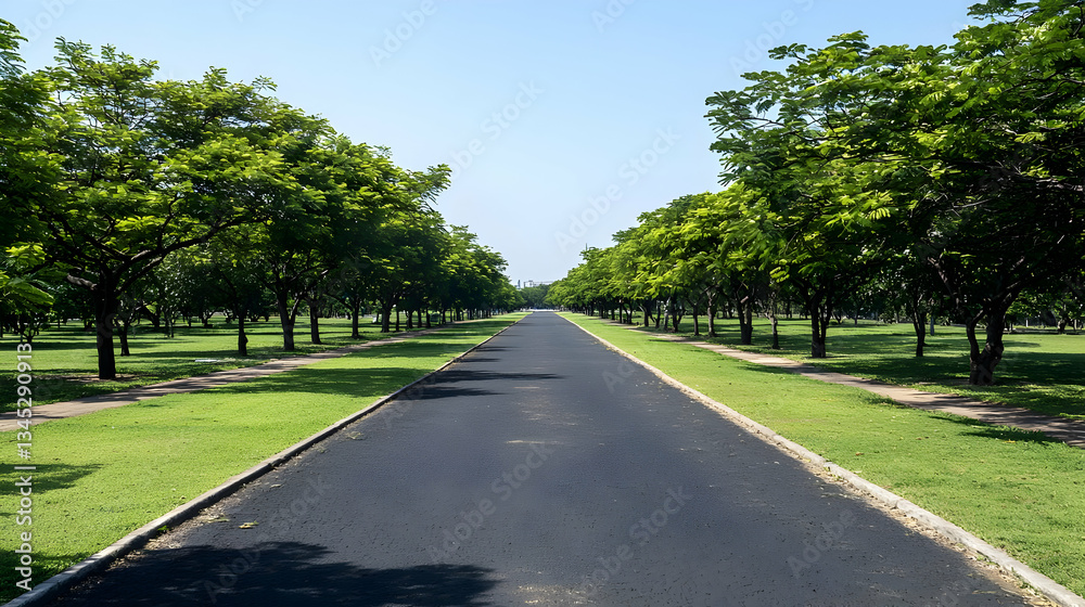 Road Lined With Lush Green Trees Under Clear Blue Sky During Summer Time Road Lined With Lush Green Trees Under Clear Blue Sky During Summer Time