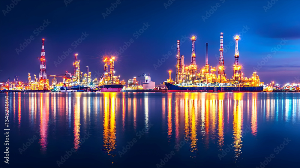 Illuminated Industrial Refinery at Night with Lights Reflecting on Calm Water Under Blue Sky Illuminated Industrial Refinery at Night with Lights Reflecting on Calm Water Under Blue Sky