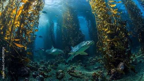 Mystical underwater kelp forest with giant sea bass harbor seals bat rays moray eels and leopard sharks deep blue lighting