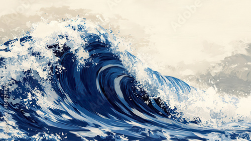 Fototapeta Naklejka Na Ścianę i Meble -  A powerful wave crashing in a minimalist, high-contrast graphic illustration. The crest of the wave is sharp and bold, painted in striking blue and white tones