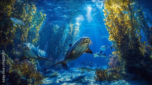 Mystical underwater kelp forest with giant sea bass harbor seals bat rays moray eels and leopard sharks deep blue lighting