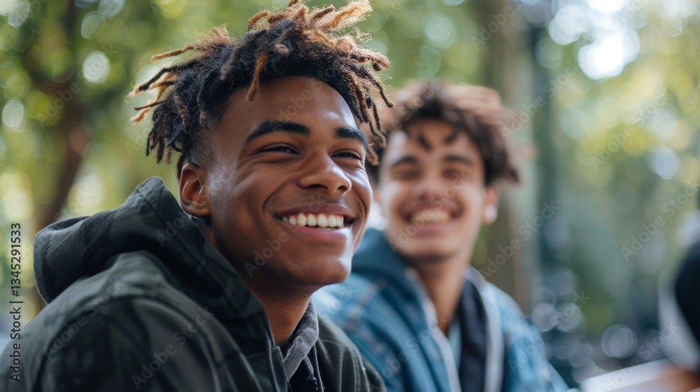 Smiling young men express joy while enjoying a sunny day outdoors with friends in a vibrant park setting Smiling young men express joy while enjoying a sunny day outdoors with friends in a vibrant park setting