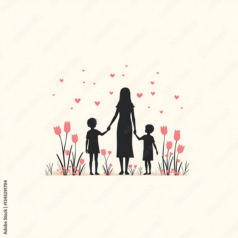 Silhouette of Mother and Children Holding Hands Pink Hearts Tulips Minimalist Illustration Beige Background Family Love Tender Moment Vector Art Silhouette of Mother and Children Holding Hands Pink Hearts Tulips Minimalist Illustration Beige Background Family Love Tender Moment Vector Art