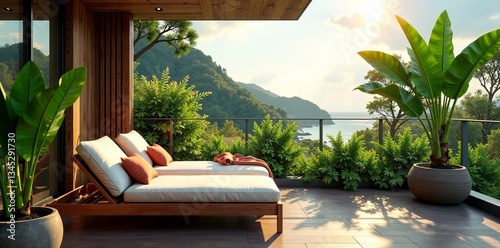 An elegant outdoor lounge area with sunbeds and lush greenery, perfect for relaxation.