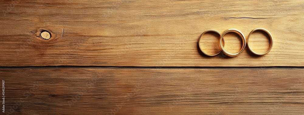 Fototapeta premium Three golden rings on a rustic wooden background.
