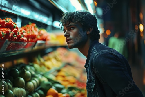 Wallpaper Mural Thoughtful Man in Denim Jacket Looking at Produce in Grocery Store Aisle Torontodigital.ca