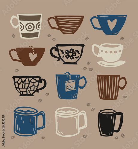 Set of colorful cups, glasses and mugs for coffee and tea, hand drawn in doodle and sketch style. Isolated elements. Vector illustration
