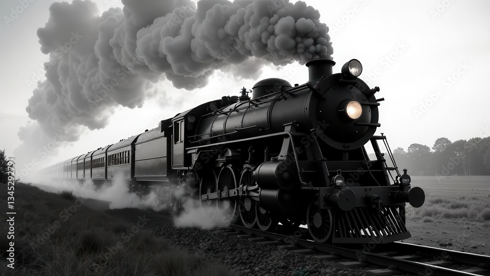Obraz premium A classic steam locomotive is chugging along the tracks in a misty countryside at dawn. Smoke billows from the engine as the sun begins to rise behind the trees.