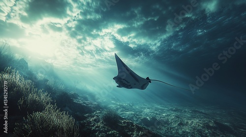 Majestic Manta Ray Glides Gracefully Through Sunlit Ocean Depths