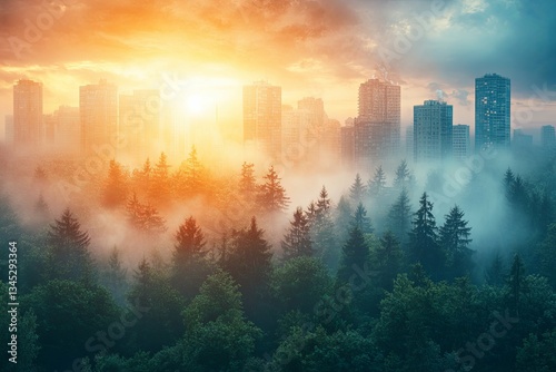 A metropolitan cityscape nestled within a vibrant forested landscape