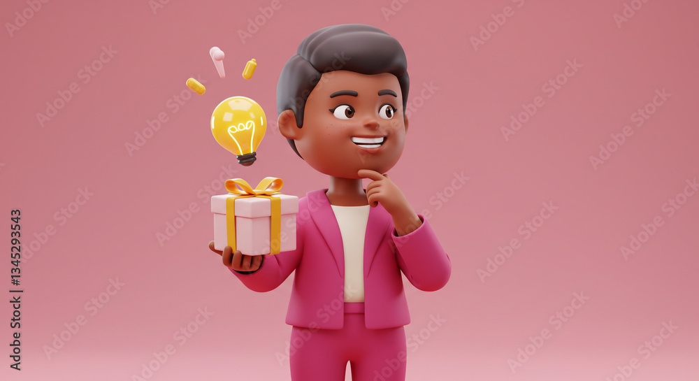 A thoughtful businesswoman holding a gift of brilliant ideas, a pink-suited figure pondering innovation against a soft blush background. A thoughtful businesswoman holding a gift of brilliant ideas, a pink-suited figure pondering innovation against a soft blush background.