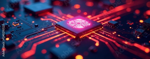 Close-up view of a glowing microchip on a circuit board, symbolizing digital innovation.