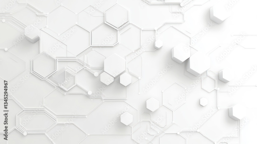 Obraz premium Abstract white geometric pattern, hexagonal shapes, interconnected lines, digital background, technology concept, industrial design, for presentation backgrounds, use in web design